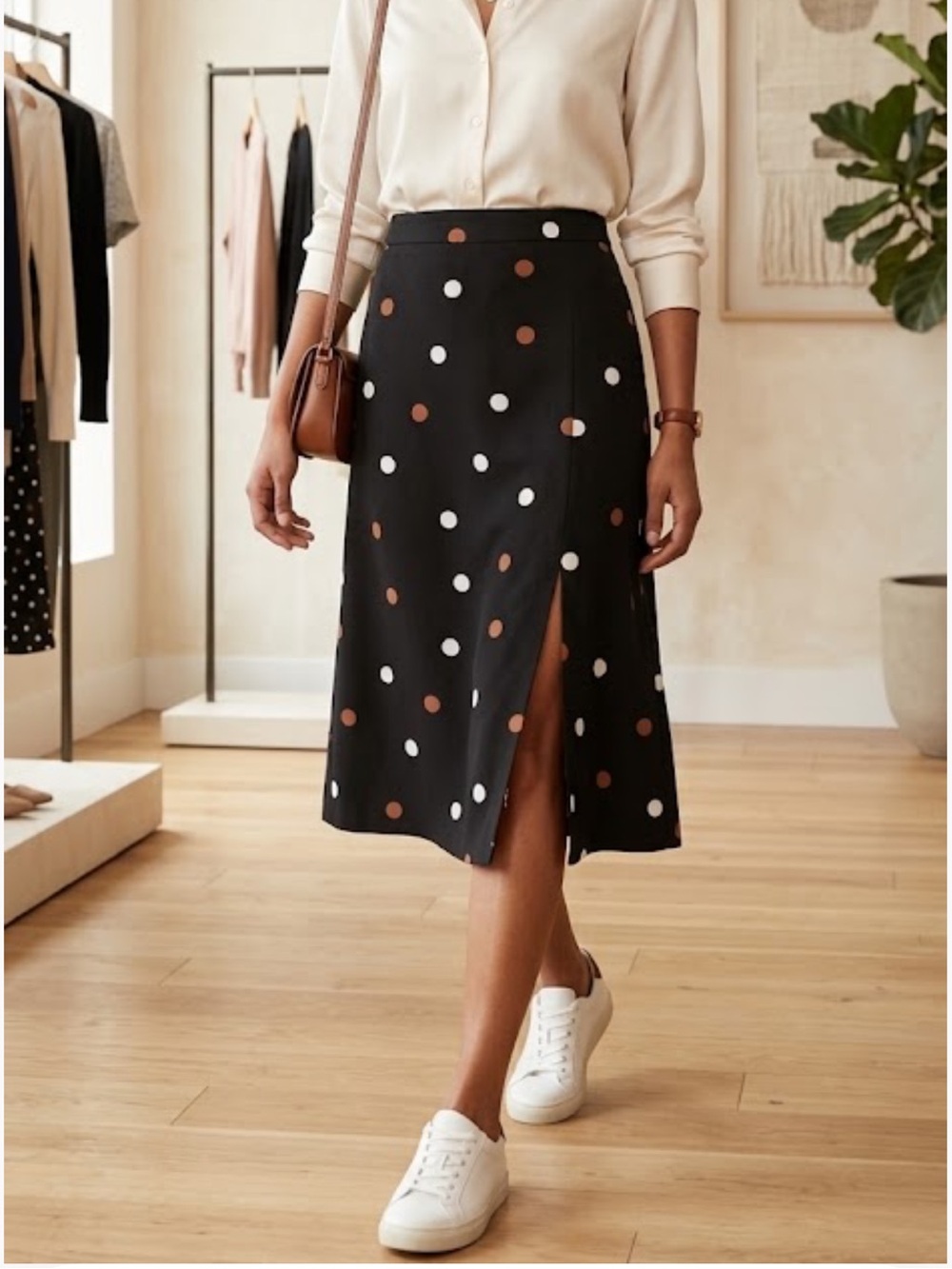 Ann Taylor Factory Polka Dot A-Line Midi Skirt Front Slit - 4P